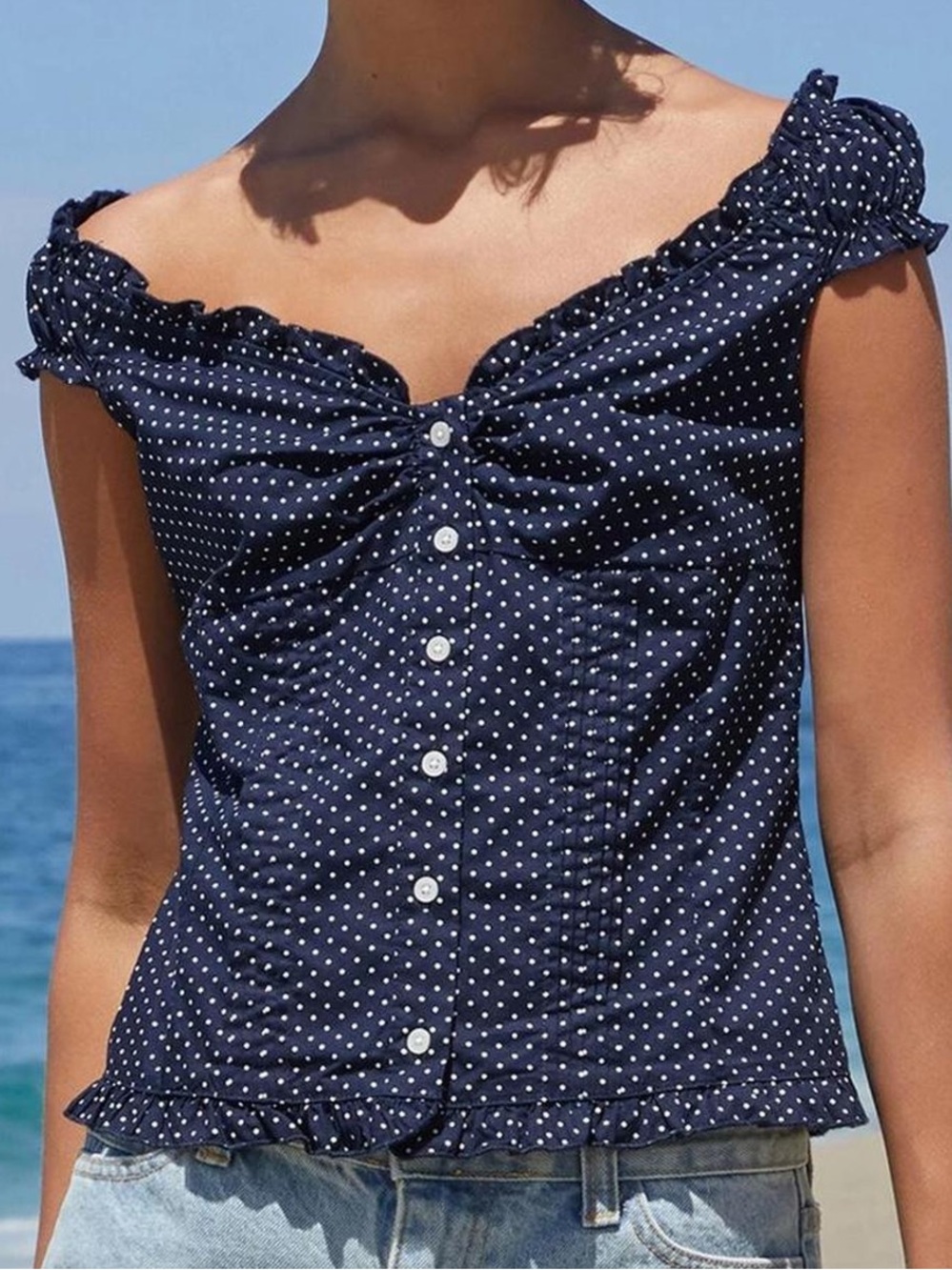 Brandy Melville Elena navy polka dot top